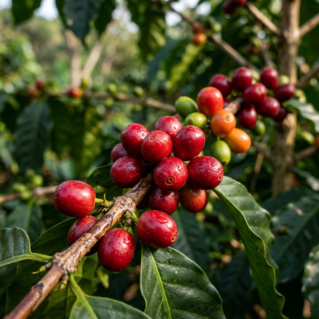 Hạt cà phê Robusta Đắk Lắk chín đỏ trên cành - cà phê nhân xanh xuất khẩu